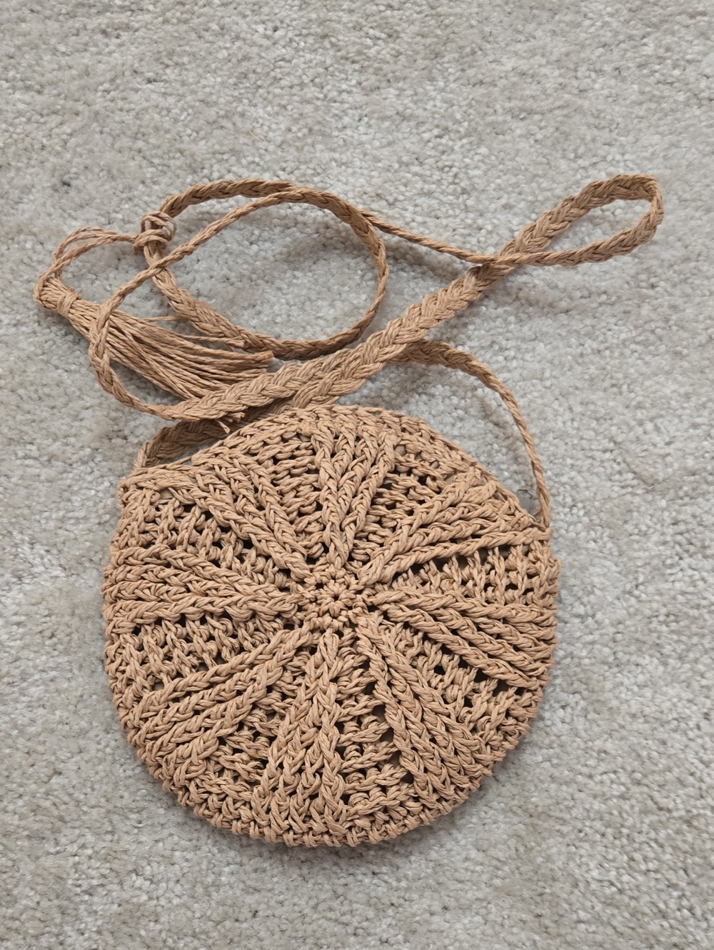 Handwoven Round Straw Crossbody Bag in Tan